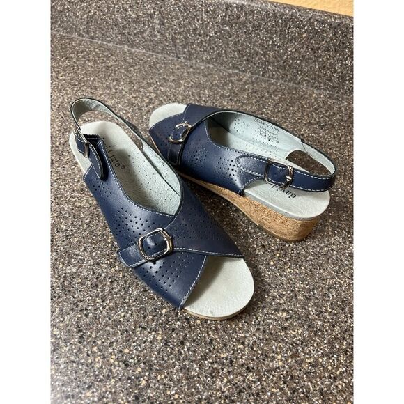 David Tate Comfort Sandals Womens 8 N Navy Blue Leather Slip On Wedge Sling Back - Picture 1 of 11